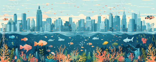 Underwater cityscape with submerged buildings, marine life, and colorful coral gardens. Vector flat minimalistic isolated