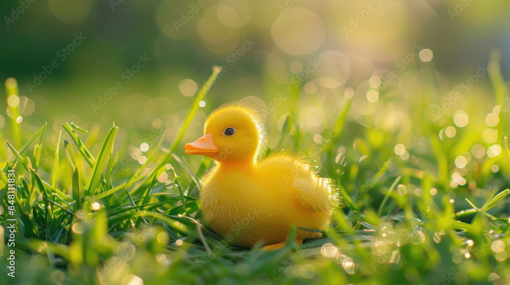 Close-up of yellow little duck on the green grass Close-up of yellow little duck on the green grass