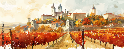 Vineyard on the background of medieval castle. Watercolor style. vector simple illustration