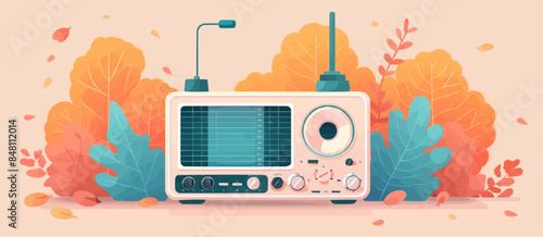 Vintage radio receiver with antenna in trendy style. Listening to music, news on the radio channel, station. Broadcasting concept. Old audio equipment. Vector flat minimalistic isolated illustration