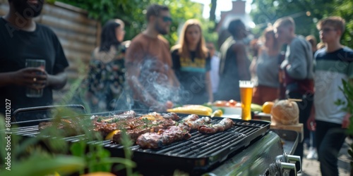 Self-service BBQ, close-up, with beer next to it, St. Patrick's Day, summer party, music festival, carnival week, cold drinks, multiracial, unity, communication, in the background is a group of young 