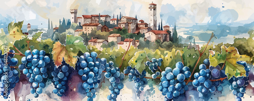 Vineyard on the background of medieval castle. Watercolor style. vector simple illustration