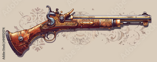 Vintage steampunk musket with engravings, copper fittings, and wooden handle. Vector flat minimalistic isolated illustration.