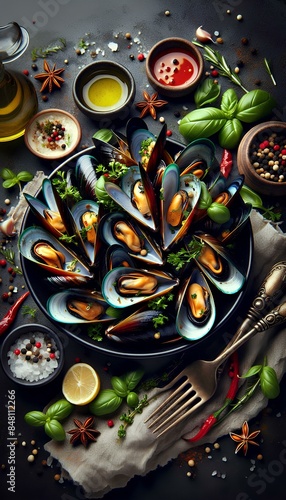  A plate of mussels with tomatoes, garlic, herbs, and spices on a black background.