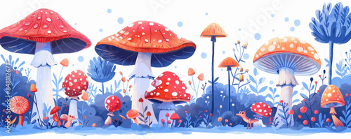 Whimsical mushroom forest with giant toadstools and curious woodland creatures. Vector flat minimalistic isolated illustration.