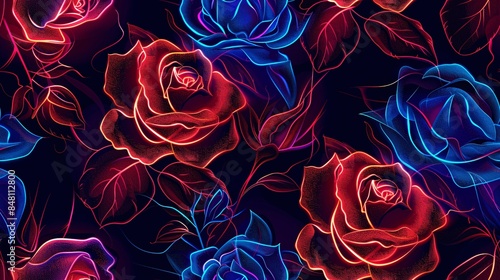 Fototapeta Naklejka Na Ścianę i Meble -  A bold and graphic seamless pattern with stylized neon roses against a black background, perfect for a modern and edgy design.