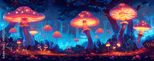 Whimsical mushroom forest with towering fungi, glowing mushrooms, and whimsical creatures. Vector flat minimalistic isolated illustration.