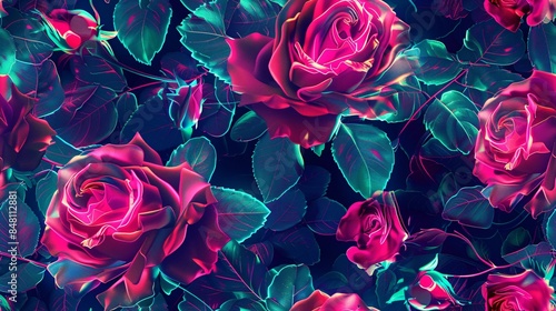 Fototapeta Naklejka Na Ścianę i Meble -  A dynamic and glowing pattern with neon roses bursting with energy, perfect for a dynamic and futuristic aesthetic.