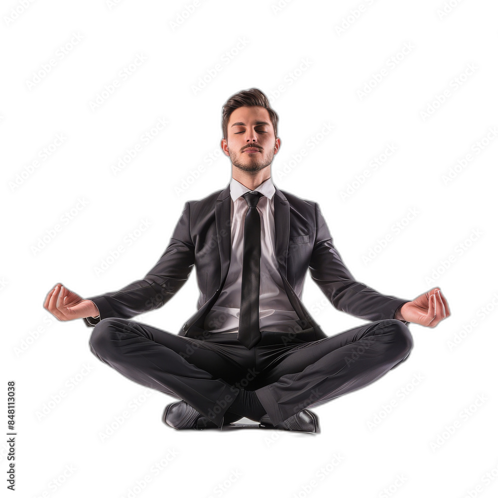 An isolated PNG image of a floating businessman doing yoga on a background of transparency An isolated PNG image of a floating businessman doing yoga on a background of transparency