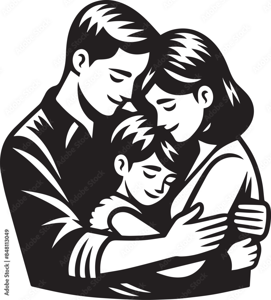 Parents Hug & Child Vector Illustration Silhouette. Love, friendship, unity of diverse parents and children.
