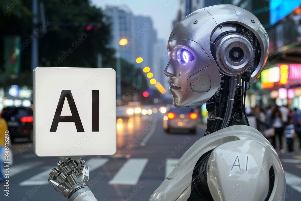 Fototapeta premium AI Sign in a Bustling City Street with Bright Neon Lights