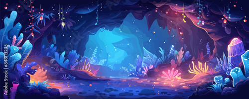 Whimsical underwater cavern with bioluminescent creatures, sparkling crystals, and hidden treasures. Vector flat minimalistic isolated illustration.