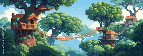Whimsical treehouse village high in the canopy with rope bridges and treetop walkways. Vector flat minimalistic isolated