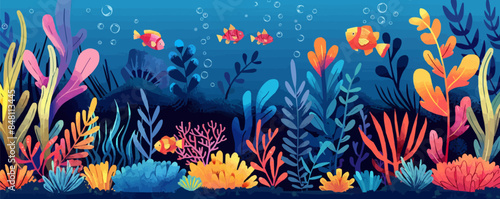 Whimsical underwater garden with vibrant coral, exotic fish, and swaying sea plants. Vector flat minimalistic isolated illustration.
