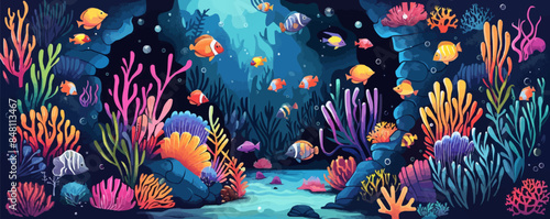 Whimsical underwater garden with vibrant coral reefs, exotic fish, and hidden underwater caves. Vector flat minimalistic isolated illustration.