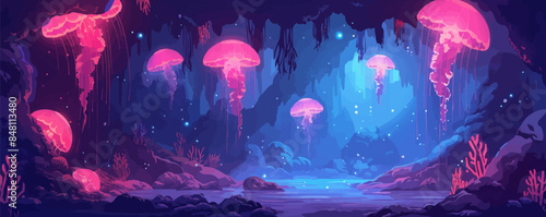 Whimsical underwater grotto with glowing jellyfish, sea caves, and bioluminescent algae. Vector flat minimalistic isolated