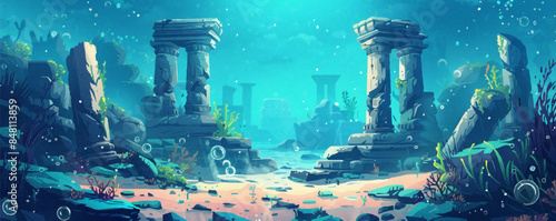 Whimsical underwater ruins with ancient columns, statues, and hidden treasures. Vector flat minimalistic isolated illustration.