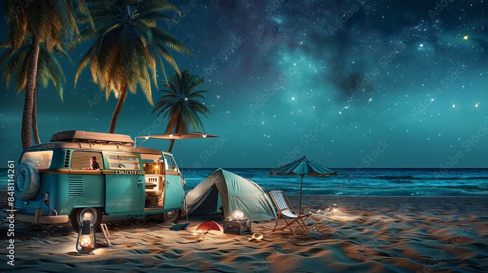 Vintage camper van at sea beach with palm trees in summer vacation at ...