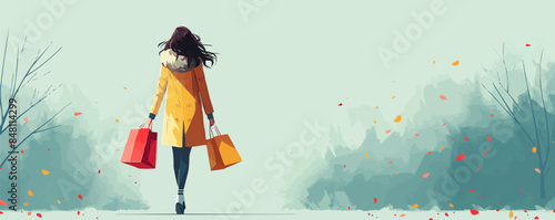 Woman going shopping. Young fashionable girl holding bags, coffee. Big sale, discount, fashion, shopaholic concept. Beautiful lady buying clothing, presents. Vector flat minimalistic isolated