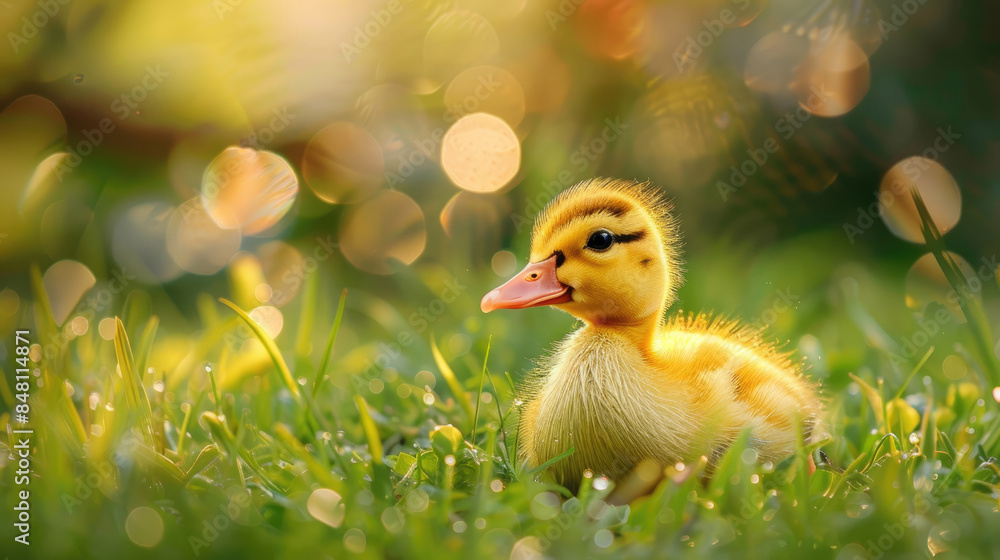 Close-up of yellow little duck on the green grass Close-up of yellow little duck on the green grass