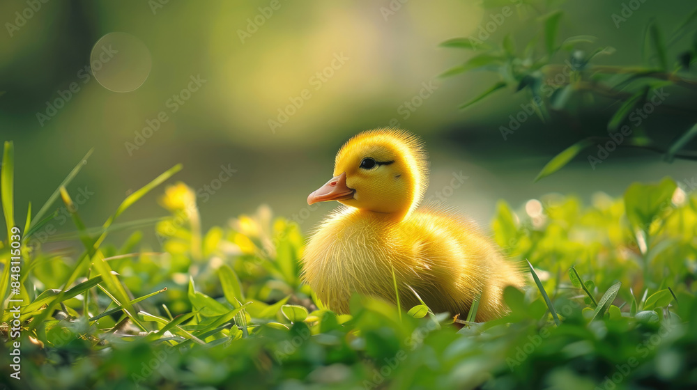 Close-up of yellow little duck on the green grass Close-up of yellow little duck on the green grass