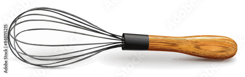 A whisk with metal tines and a wooden handle, casting a slight shadow on a white background. Vector flat minimalistic isolated illustration.