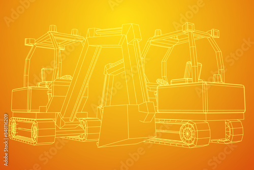 Heavy equipment excavator machine manufacturing power equipment for open pit mining. Wireframe low poly mesh vector illustration