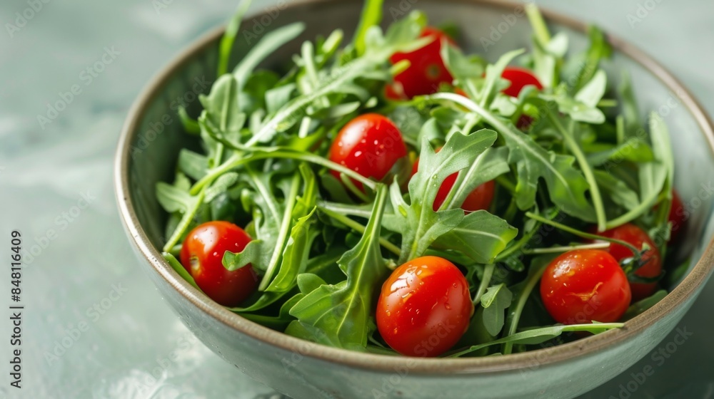 A bunch of arugula leaves arranged in a salad bowl with cherry tomatoes and balsamic vinaigrette. A bunch of arugula leaves arranged in a salad bowl with cherry tomatoes and balsamic vinaigrette.