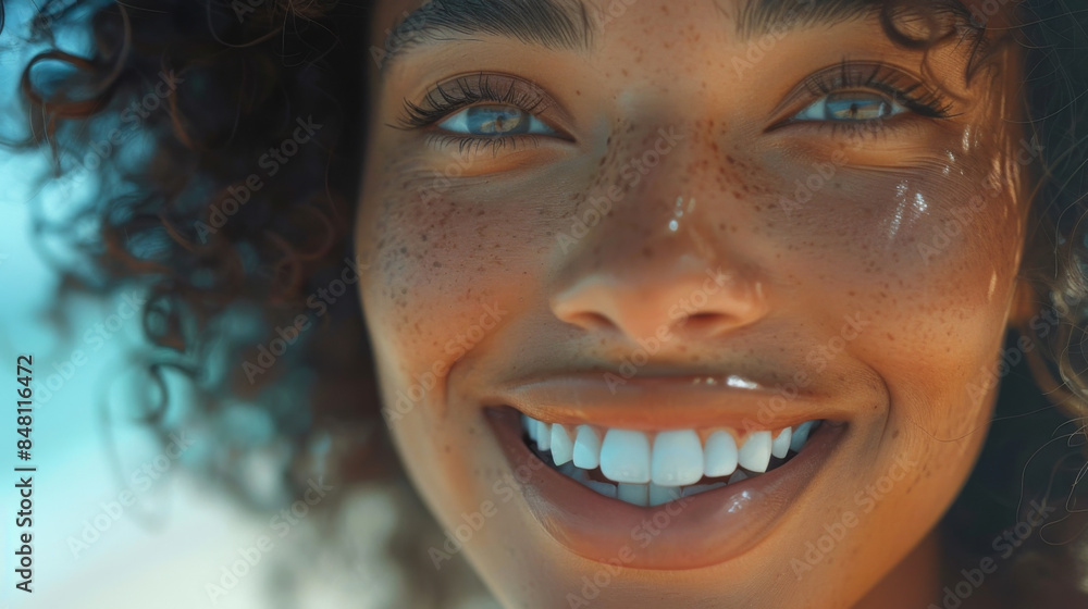 Close-up of a smiling woman with curly hair and freckles, enjoying a sunny day outdoors. Close-up of a smiling woman with curly hair and freckles, enjoying a sunny day outdoors.