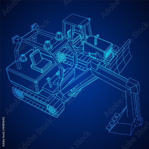 Heavy equipment excavator machine manufacturing power equipment for open pit mining. Wireframe low poly mesh vector illustration