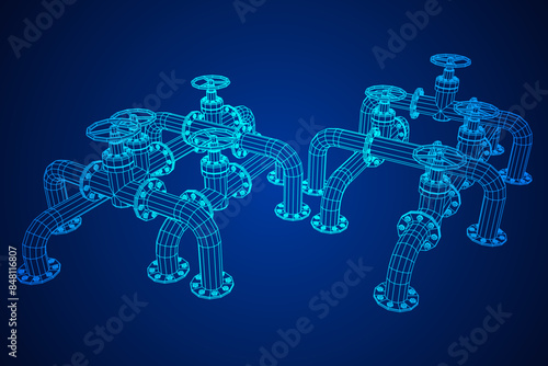 Oil pipeline with valve. Petrol production. Petroleum fuel industry transportation line. Wireframe low poly mesh vector illustration