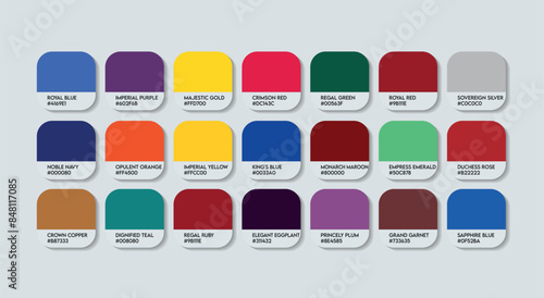 Royal Color Palette, Royal Color Guide Palette with Color Names. Catalog Samples of Royal Colour with RGB HEX codes and Names. Royal Colors Palette Vector, Paints and Fashion Trend Color Palette