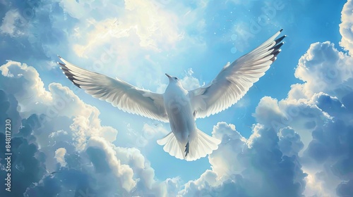 A seagull soars freely in the sky, unfettered and unrestrained, flying with the wind, against a backdrop of blue sky and white clouds © cong