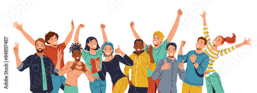 Diverse group of men and women of various ethnicities, joyfully celebrating. Smiling faces, arms raised or around each other. Simple uncluttered background highlights their unity and happiness.