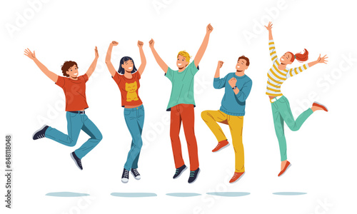 A group of exuberant young individuals jumping in the air with infectious joy and energy. Their beaming smiles and casual attire create a carefree atmosphere against a isolated white background.