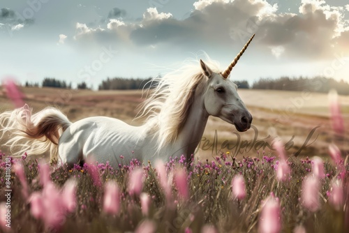 White unicorn in a field of pink flowers, with a golden mane and tail