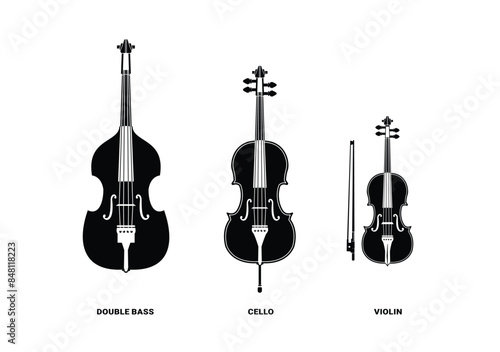 stringed instrument logo illustration, biola, cello, double bass silhouette suitable for music stores and communities	