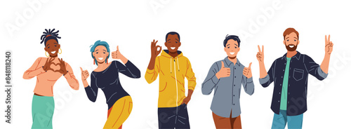 A diverse group of five young people standing together, smiling, and making positive hand gestures. Illustration diversity, teamwork, and positive emotions.