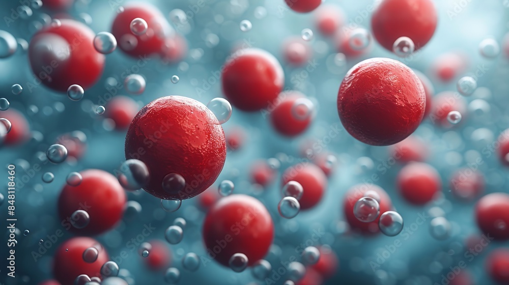 A close-up image of red spheres floating in a blue liquid, with small bubbles surrounding them A close-up image of red spheres floating in a blue liquid, with small bubbles surrounding them