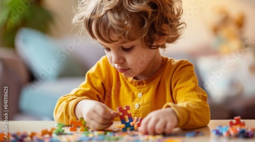 A child sitting at a small table, engrossed in a puzzle toy, fitting pieces together with focus.