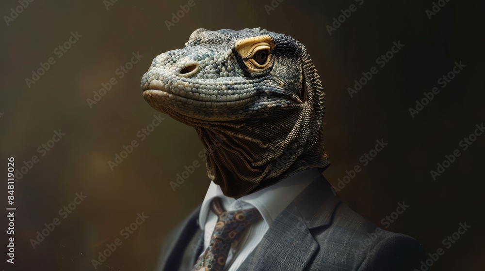 Komodo dragon dressed in an elegant suit with a nice tie. fashion portrait Komodo dragon dressed in an elegant suit with a nice tie. fashion portrait