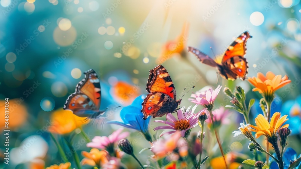 Three butterflies flutter over a field of vibrant wildflowers in a bright, sunny meadow Three butterflies flutter over a field of vibrant wildflowers in a bright, sunny meadow