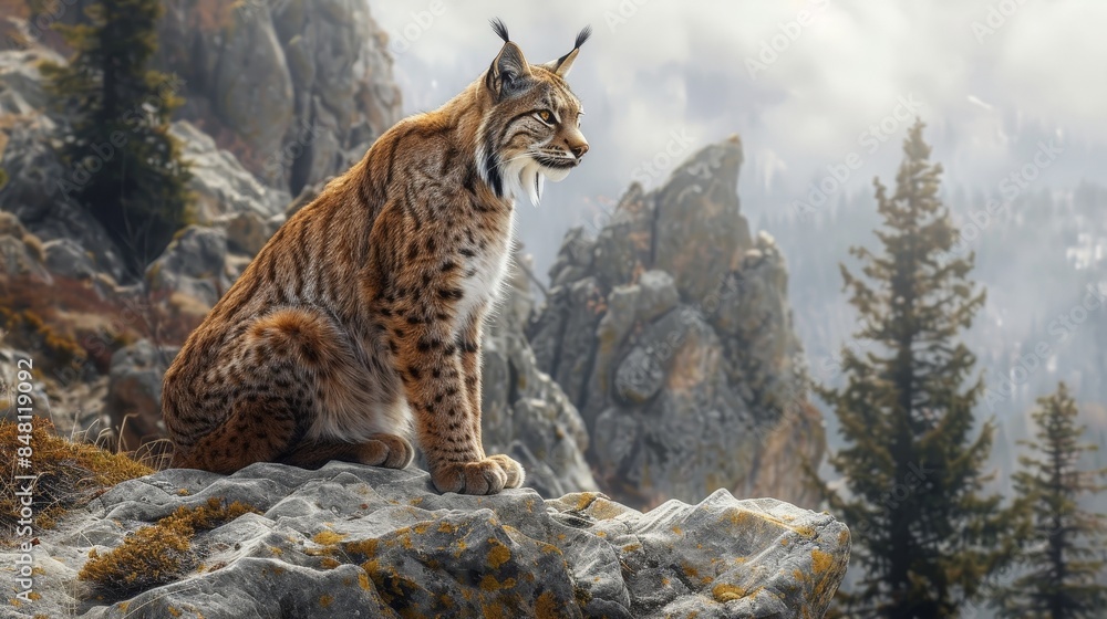 Obraz premium A lynx perches on a rocky mountaintop, gazing curiously at its misty surroundings, full of mystery and wonder