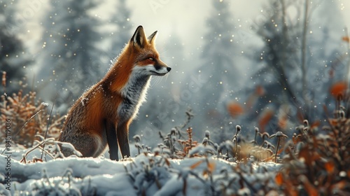 A red fox stands in a snowy forest, looking towards the left side of the image. Snow falls softly around it