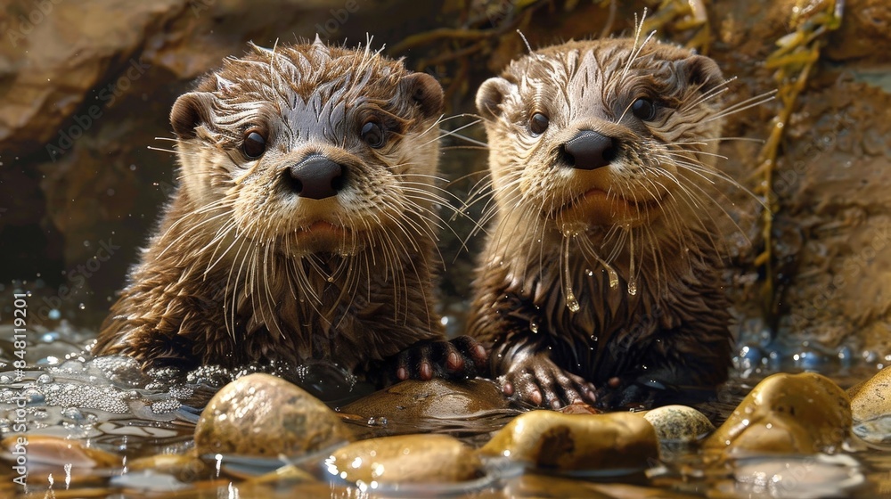 Two otters, wet from a recent swim, curiously inspect smooth pebbles nestled in a shallow river Two otters, wet from a recent swim, curiously inspect smooth pebbles nestled in a shallow river