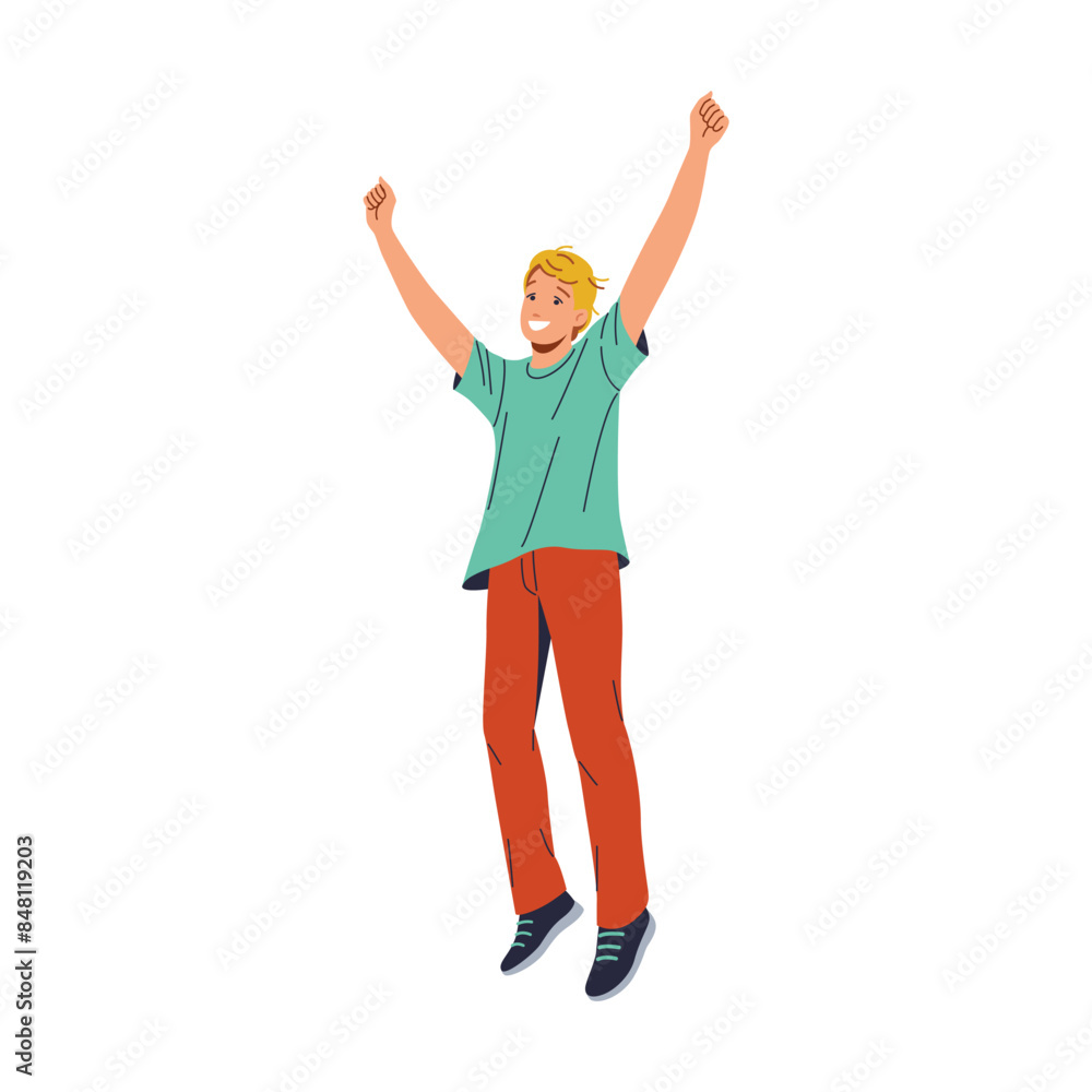 Excited blond man in green shirt and red pants jumping in the air with arms raised and big smile. He exudes energy and joy, excitement and happiness. Isolated on white background Excited blond man in green shirt and red pants jumping in the air with arms raised and big smile. He exudes energy and joy, excitement and happiness. Isolated on white background