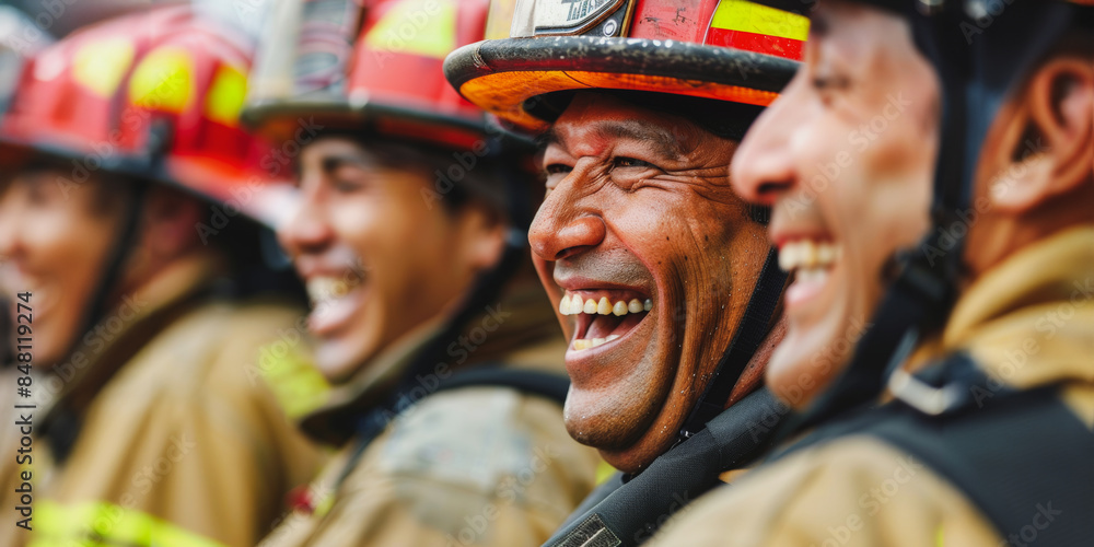 Happy firefighters with helmets Happy firefighters with helmets