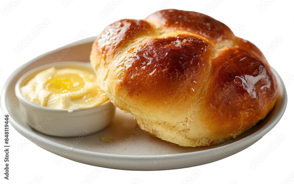 Freshly baked bread roll with glossy finish on white plate, with small bowl of creamy butter