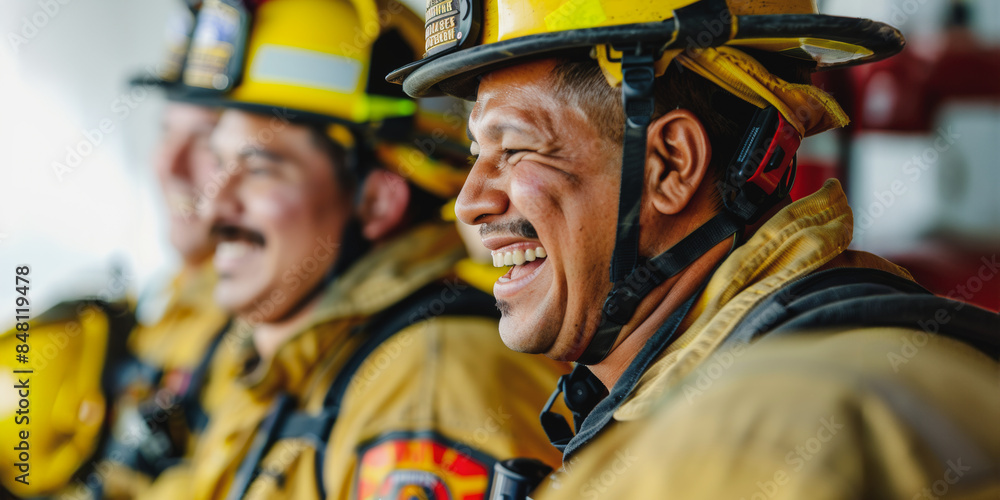 Happy firefighters with helmets Happy firefighters with helmets