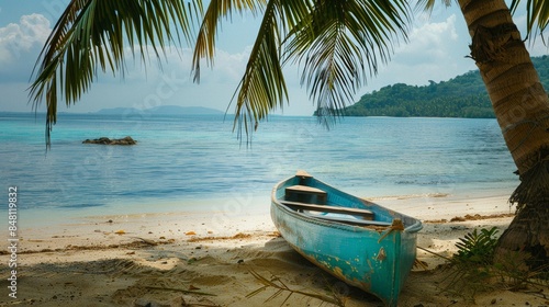 A lonely boat on tropical sandy beach with sea photo